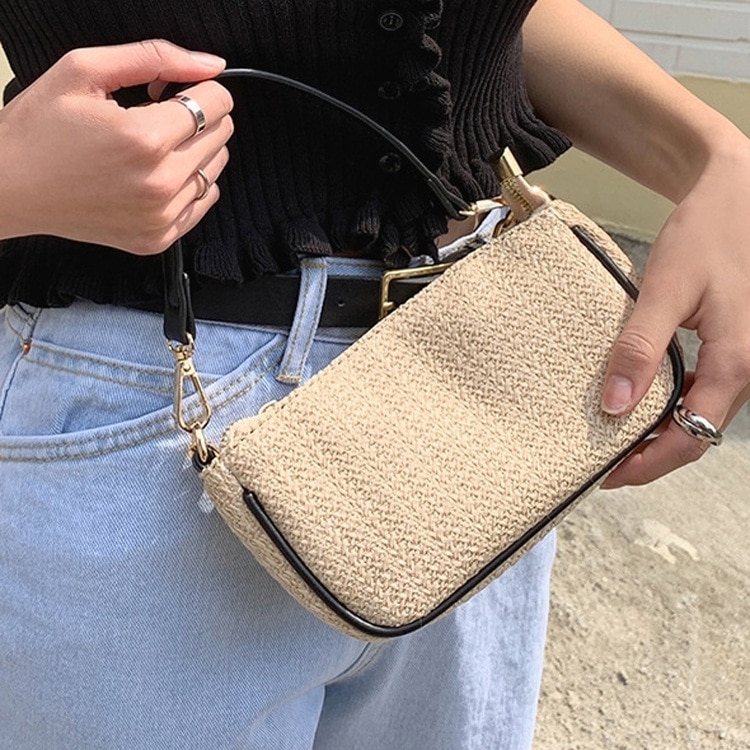 Bolsa de palha ocasional baguettes forma mulheres bolsas de ombro designer bolsas cadeias de vime tecido crossbody saco da praia do verão bolsas de ratan