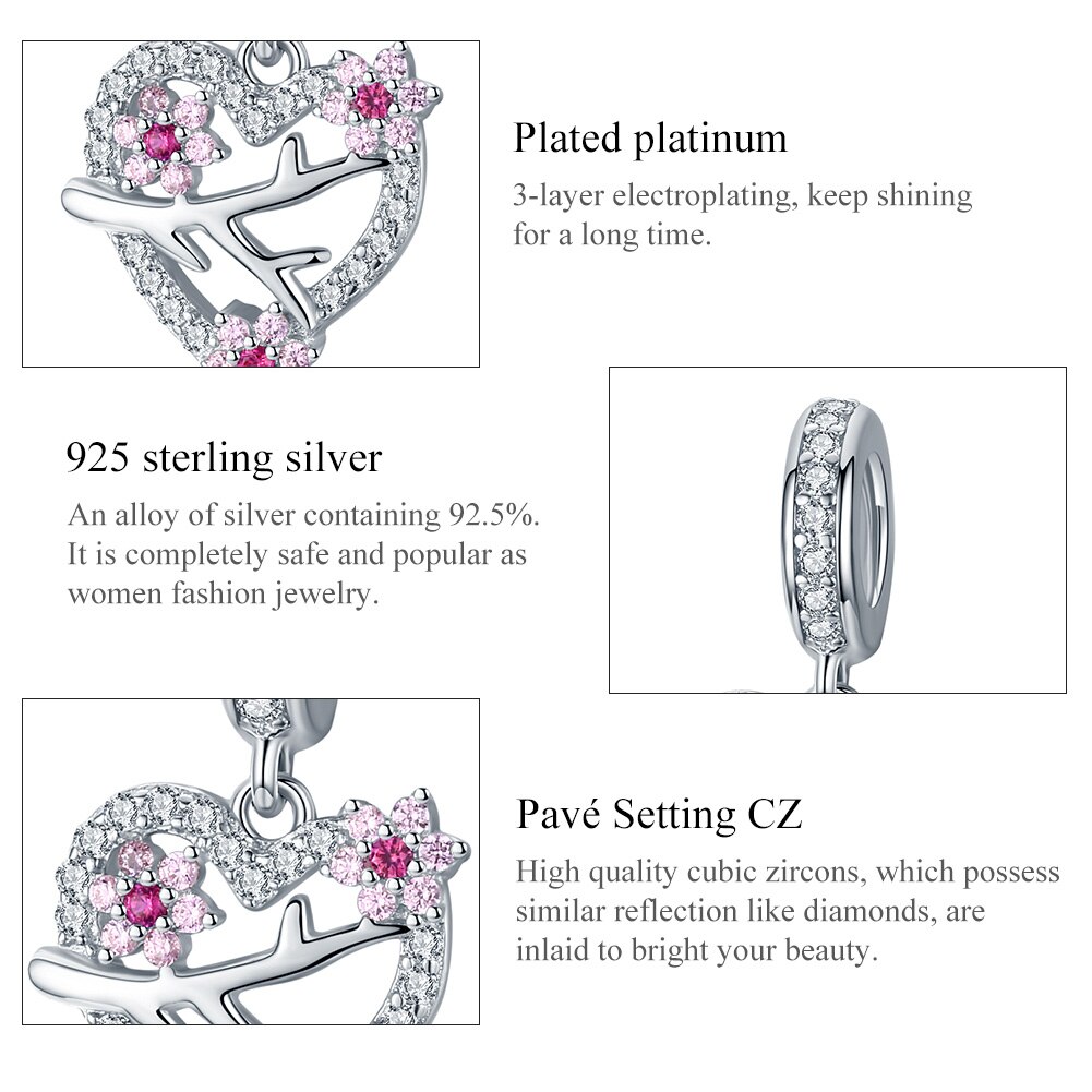 BISAER 925 Sterling Silver Blooming Plum Pendant Pink Cubic Zircon Primrose Charms Beads fit Bracelets DIY Accessories EFC151