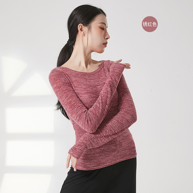 Dansen Praktijk Kleding Voor Vrouwen Folk Stijl Body Rijm Yoga Top Lange Mouw Duim Vinger Gat T-shirt Slim Moderne volwassenen 2XL: M / Rood