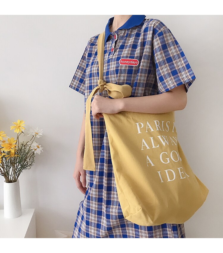 Dames Canvas Tas Vrouwelijke Eenvoudige Engels Brief Afdrukken Schoudertas Womenlarge Capaciteit Crossbody Tas Student Strap Boek Tas: YELLOW