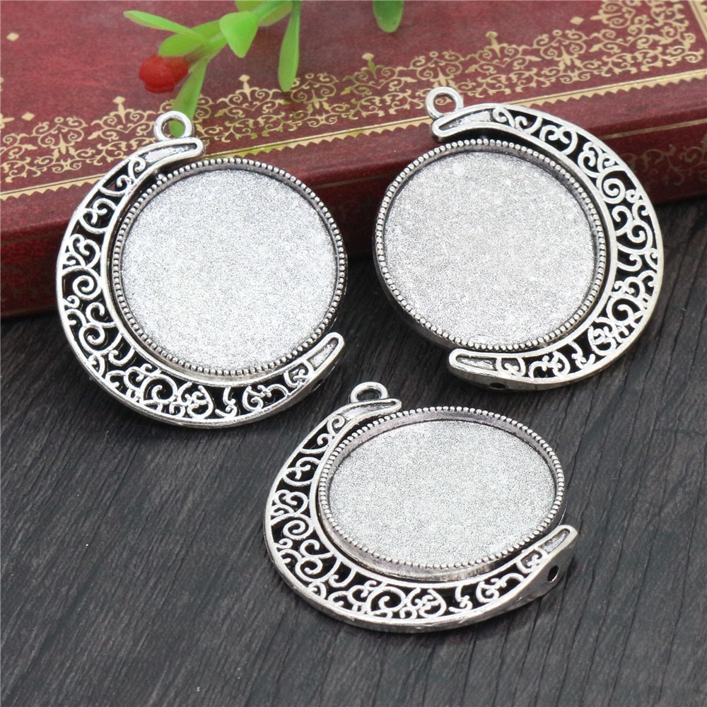 5pcs 18mm 25mm Inner Size Moon Rotation Double Side Antique Silver Plated 7 Colors Cameo Cabochon Base Setting Charms Pendant