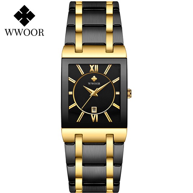 WWOOR-Relojes de pulsera para mujer, de cuarzo, Cuadrado dorado, rosa, deportivo, resistente al agua,: black gold black