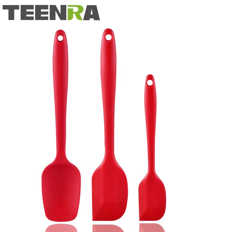 TEENRA 3 Stks Rode hittebestendige Siliconen Lepel Spatel Set Keuken Gebruiksvoorwerp Set Siliconen Cake Tools Set Non-stick Spatel
