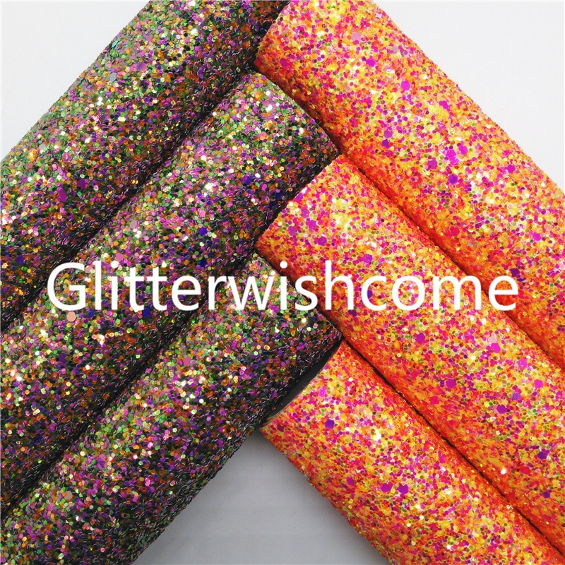 Glitterwishcome 30X134CM Mni Roll Chunky Glitter Leer Gemengde Oranje Paars Kleuren Voor Halloween Voor Bows, GM809B