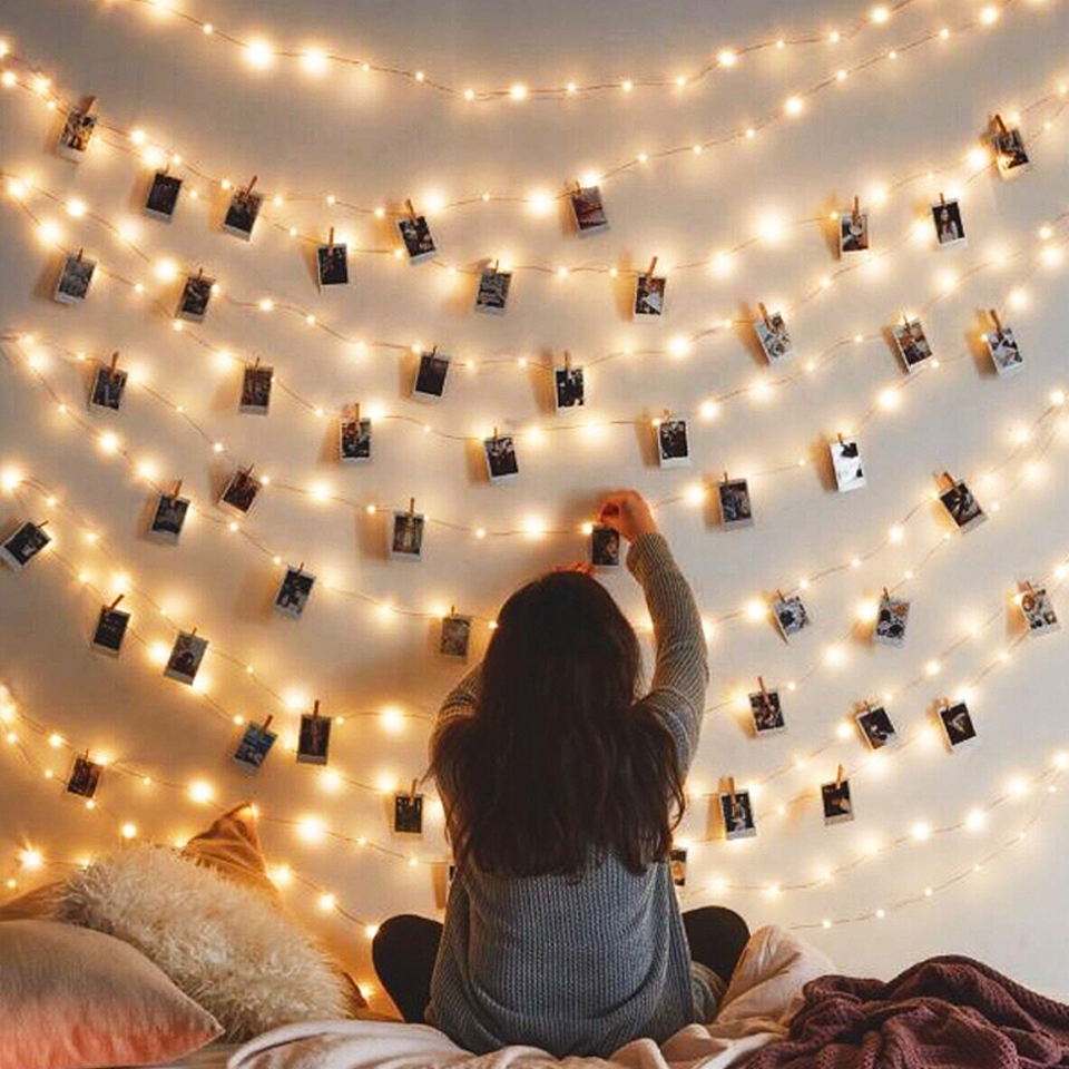 Guirnalda de luces LED con Clip para fotos, guirnalda con pilas USB para exteriores con pinzas para la ropa, decoraciones navideñas y de Halloween para el hogar