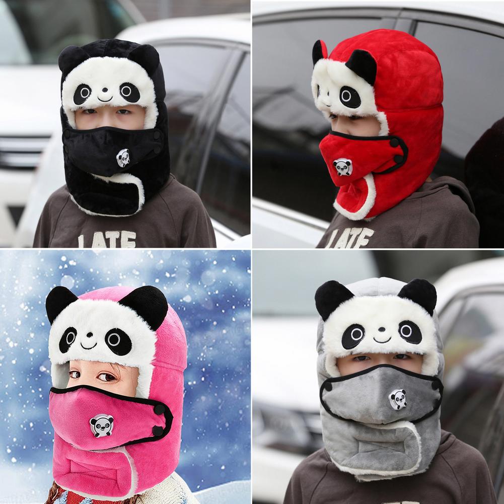 Winter Russische Stijl Leuke Panda Oorklep Skiën Trapper Bommenwerper Hoeden Fleece Kis Volwassen Tieners Trooper Hoed Met Verwijderbare Gezicht cover