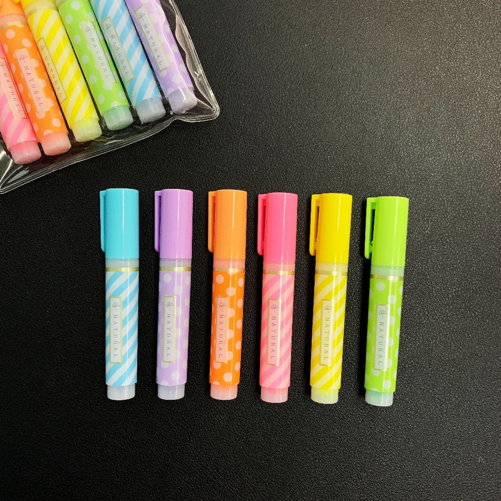 6pcs/Pack Simple Fresh Dots Striped Mini Highlighter Paper Marking Pen Drawing Shool Office Supply Kids Student Stationery