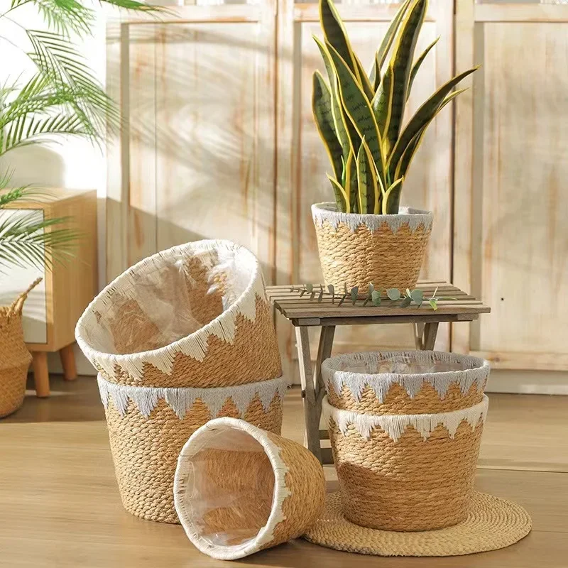 Macetero Natural, cesta de mimbre, maceta, cesta de plantas de paja de ratán para el hogar, organizador de jardín, decoración de 22/25/32cm