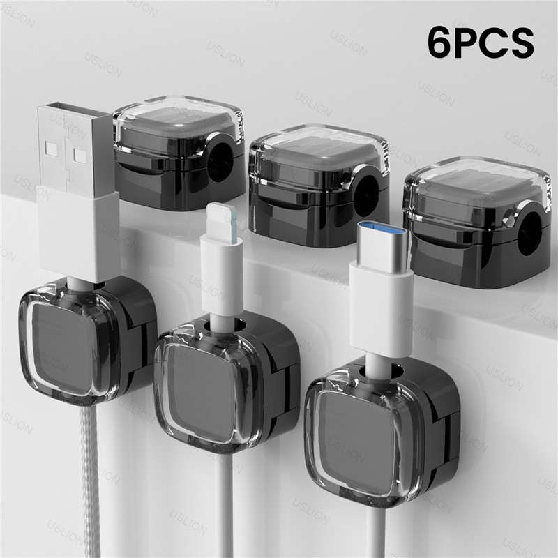 Kleurrijke 6-delige magnetische kabelclips Kabel Gladde verstelbare snoerhouder onder bureau Kabelbeheer Draadhouder Kabels Organizer: Zilver