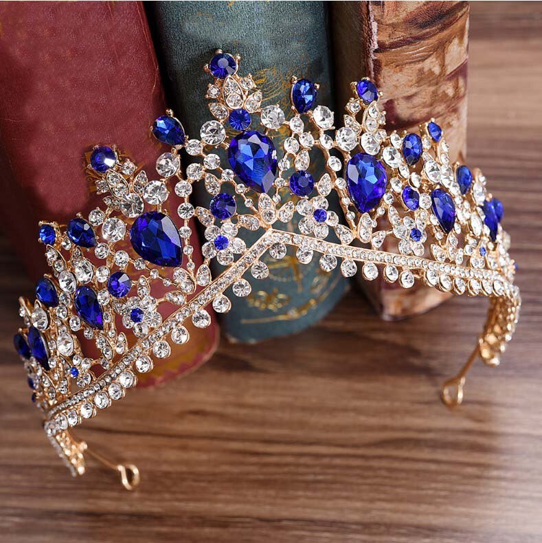 Baroque Luxury Handmade Rhinestone Bridal blue Crystal Big Crown Tiaras Diadem for Bride Headbands Wedding Hair Accessories