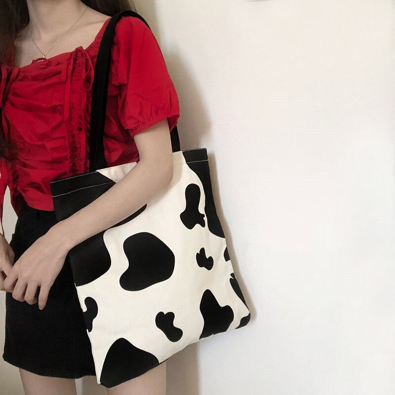 Indkøbsposer kvinder ko mønster lærred harajuku søde piger ulzzang koreansk fritid populær simpel chic shopper kvindelig chic ins