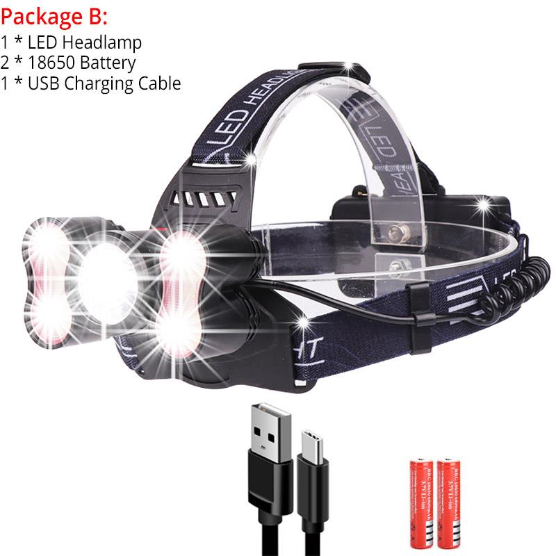 5000LM Ultra Bright LED Headlamp 5 LED Headlight 4 modes Head lamp Rechargeable Light Sensor Use 18650 For Outdoor & Indoor: Package B