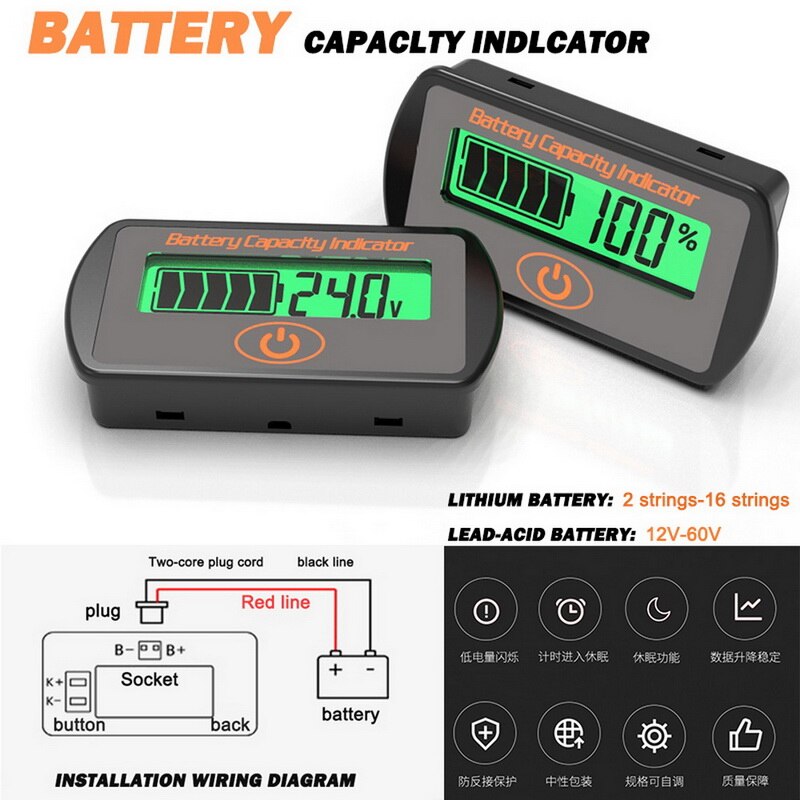 Battery Monitor Capacity Indicator Lead-Acid Lithium Battery Voltmeter LCD Digital Display DC Voltmeter