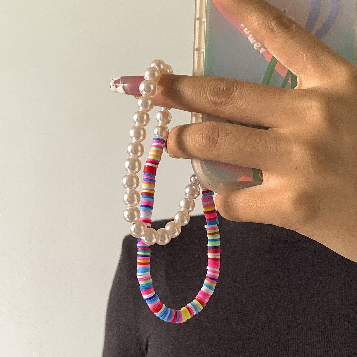 Trendy Pearl Clay Beads Mobile Phone Chains Anti-lost Handmade Lanyard Acrylic Charm Hanging Cord for Women Girls