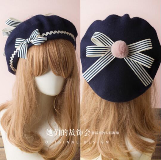 17 Kleuren Lolita Baretten Wol Blend Hoed Vrouwen Meisjes Boog Plaids Streep Sailor Stijl Preppy Chic Studenten Cap: M