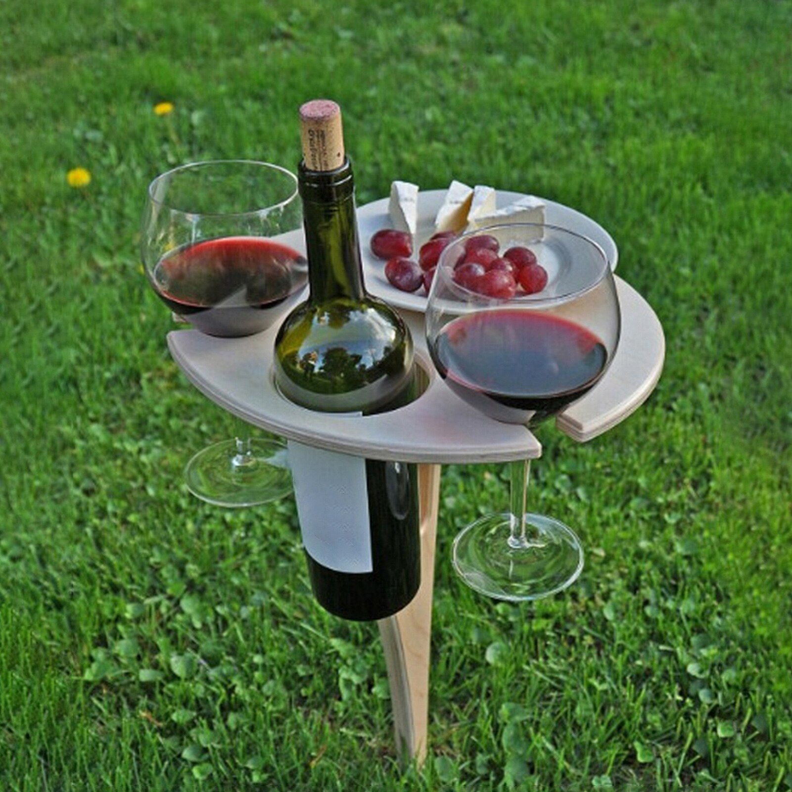 Outdoor Wine Table with Foldable Round Desktop Mini Wooden Picnic Table Easy To Carry Wine Rack