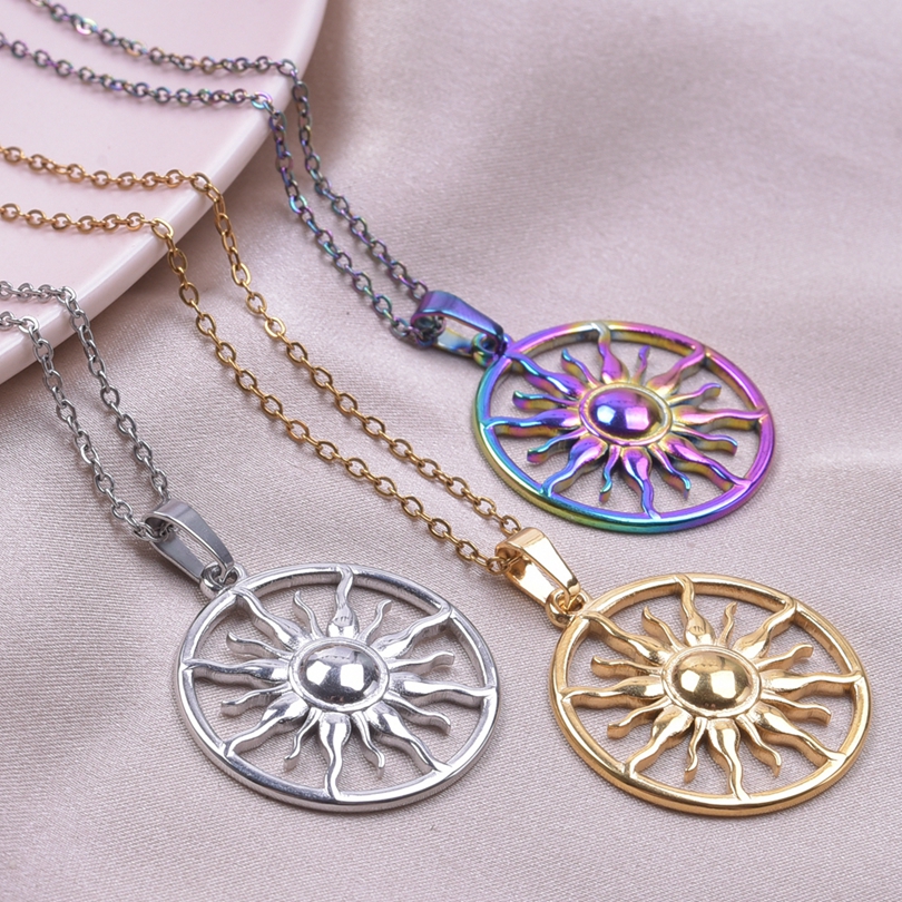 Colliers ronds avec pendentif soleil pour femmes et hommes, accessoires, bijoux d'espoir, collier en acier inoxydable, ras du cou Vintage, d'anniversaire