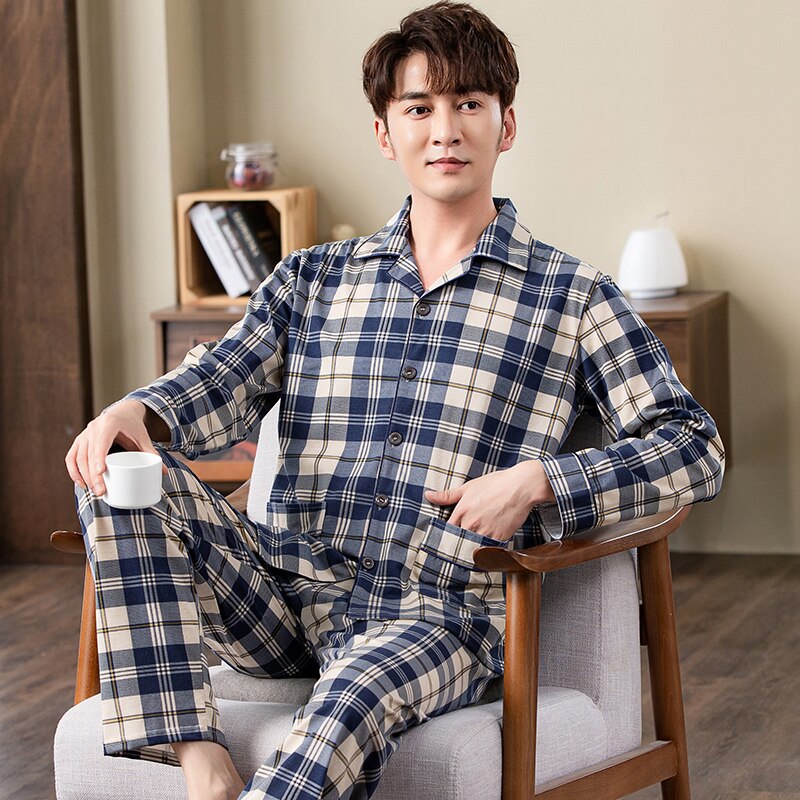 Pyjama 100% coton pour homme, tenue de nuit à la , vêtements chauds pour la maison, à carreaux PJ, automne