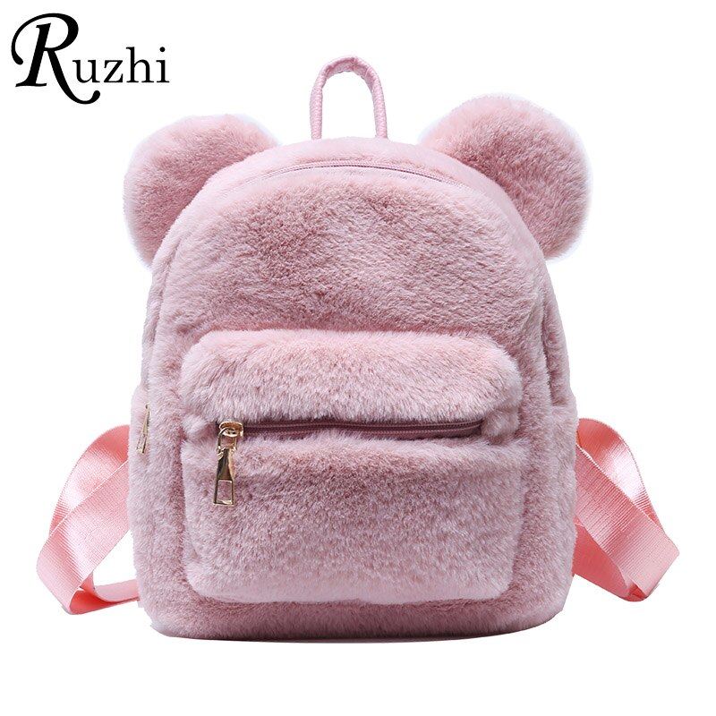 2021 kpop mini mochila para meninas mochila de pelúcia com orelhas de urso pele ombros saco bonito peludo: Pink
