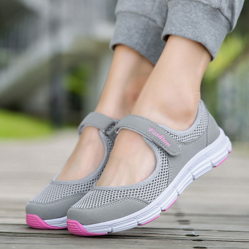 Zapatos casuales transpirables mwy para mujer, zapatos planos de suela suave para mujer, zapatos de verano de malla transpirable, zapatillas de tenis femeninas: Gris / 40