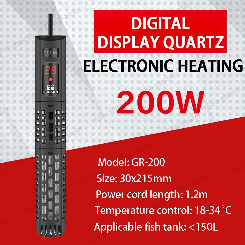 SUNSUN Aquarium Submersible Heater Fish Tank LCD Display Digital Adjustable Water Heating Rod Constant Temperature Control: GR200W / EU adapter plug