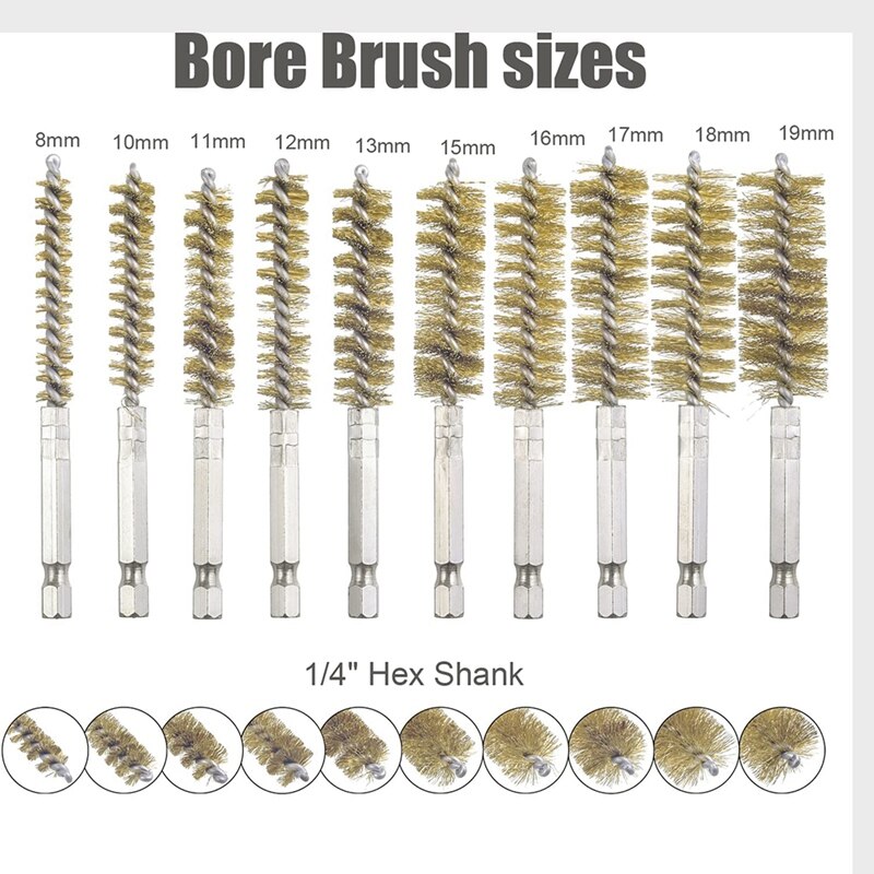Bore Brush Set-1/4Inch Hex Shank Twisted Wire Bore Brushes With Different Bristle Lengths For Tubes Ports Bearings Cleaning