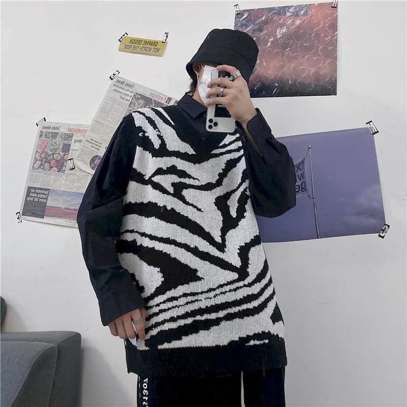 Streetwear punk kamizelka kobiety mężczyźni topsTrend ins biodro-chmiel ulica czarno-biały wzór zebry bez rękawów kamizelka z dzianiny sweter kamizelka