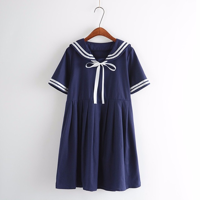 Autumn Summer Women's Dress Female Cotton-Line Sailor Collar College Sweet Striped Pure Girls Dress: SKY BLUE