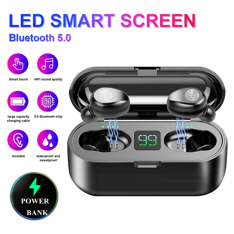 Draadloze Koptelefoon Bluetooth 5.0 F9 Tws Draadloze Bluetooth Hoofdtelefoon Led Display Met 2000 Mah Power Bank Headset Met Microfoon