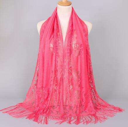 Women Cotton Polyester Floral Lace Scarf Shawl Tassels Party Wedding Lace Veil India Arab Muslim Hijabs Scarves: color 6 water red