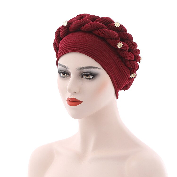 Gorros de estilo africano para mujer, turbante, autogel, musulmán, plisado, para boda mujeres musulmanas sombreros: wine