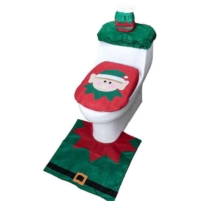 3 stk jul xmas boligindretning toilet toilet sæt santa snemand elf jul badesæt (toiletbetræk + tankdæksel + kontur tæppe): Nisse