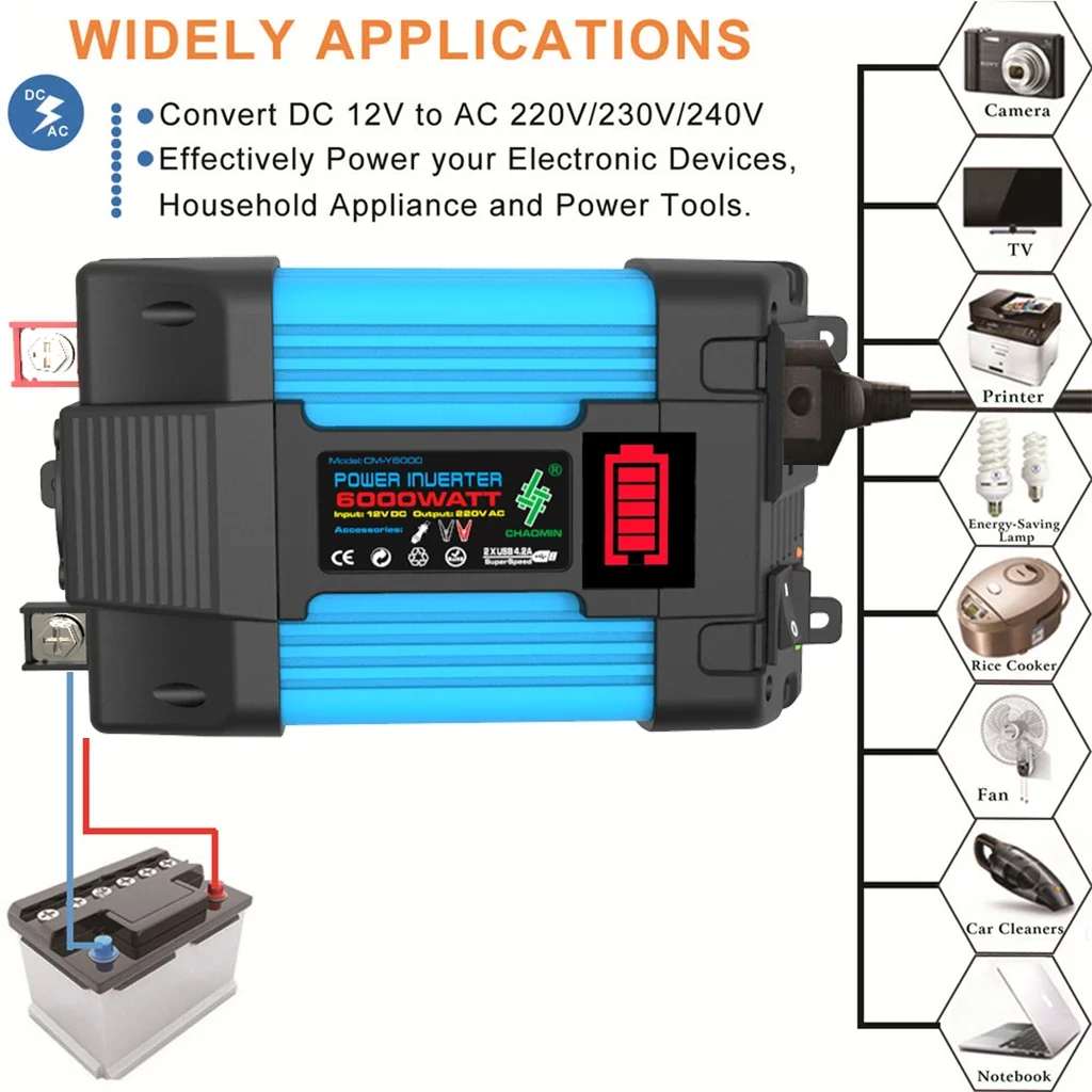 Onduleur 6000W/4000W DC 12V à AC 110V 220V, convertisseur de tension adapté aux tablettes mobiles du matin, panneaux solaires, mini alimentation de voiture
