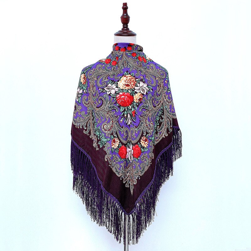 Rysk halsduk ukrainska fransade sjalar traditionella blommiga polska kvinnor hals huvud wrap vintage antik huvud hijab scarf poncho: Lila