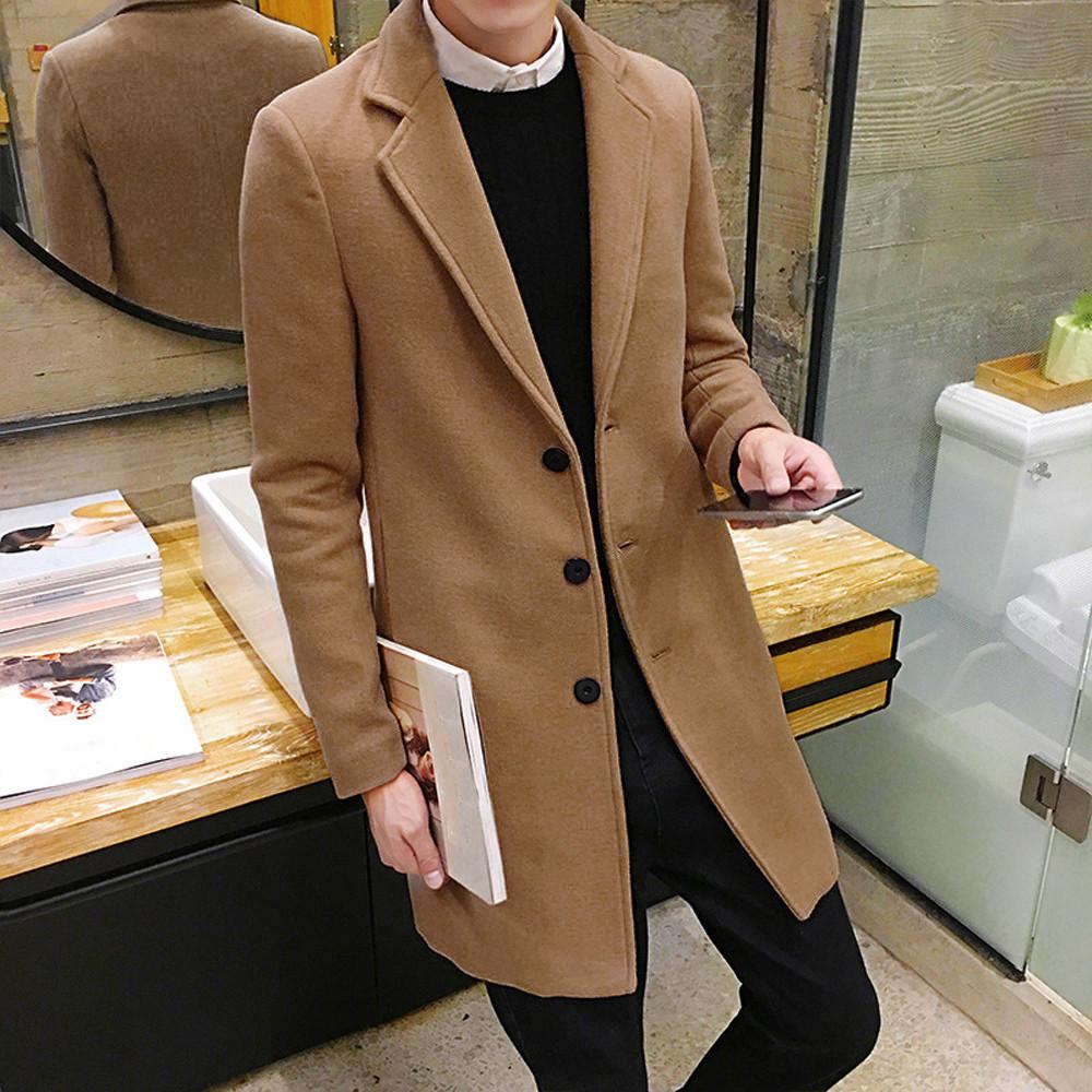 Mænd varm vinter uldfrakke mænd formel enkeltradet figurende overfrakke lang uldjakke outwear erkek cocuk mont mantel herren 5: Khaki / Xl