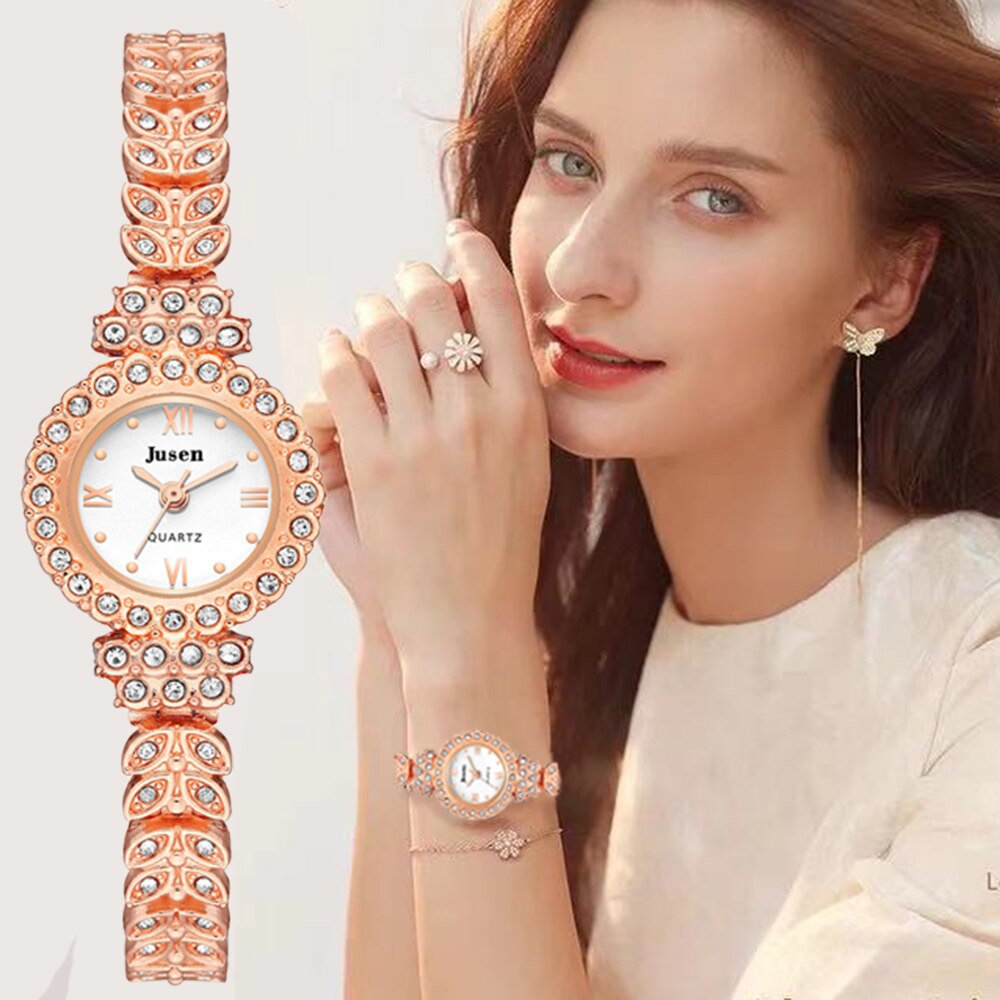 Rose Gold Kwaliteiten Vrouwen Crystal Armband Horloges Volledige Rvs Mode Luxe Horloge Kleine Dames Quartz Horloges