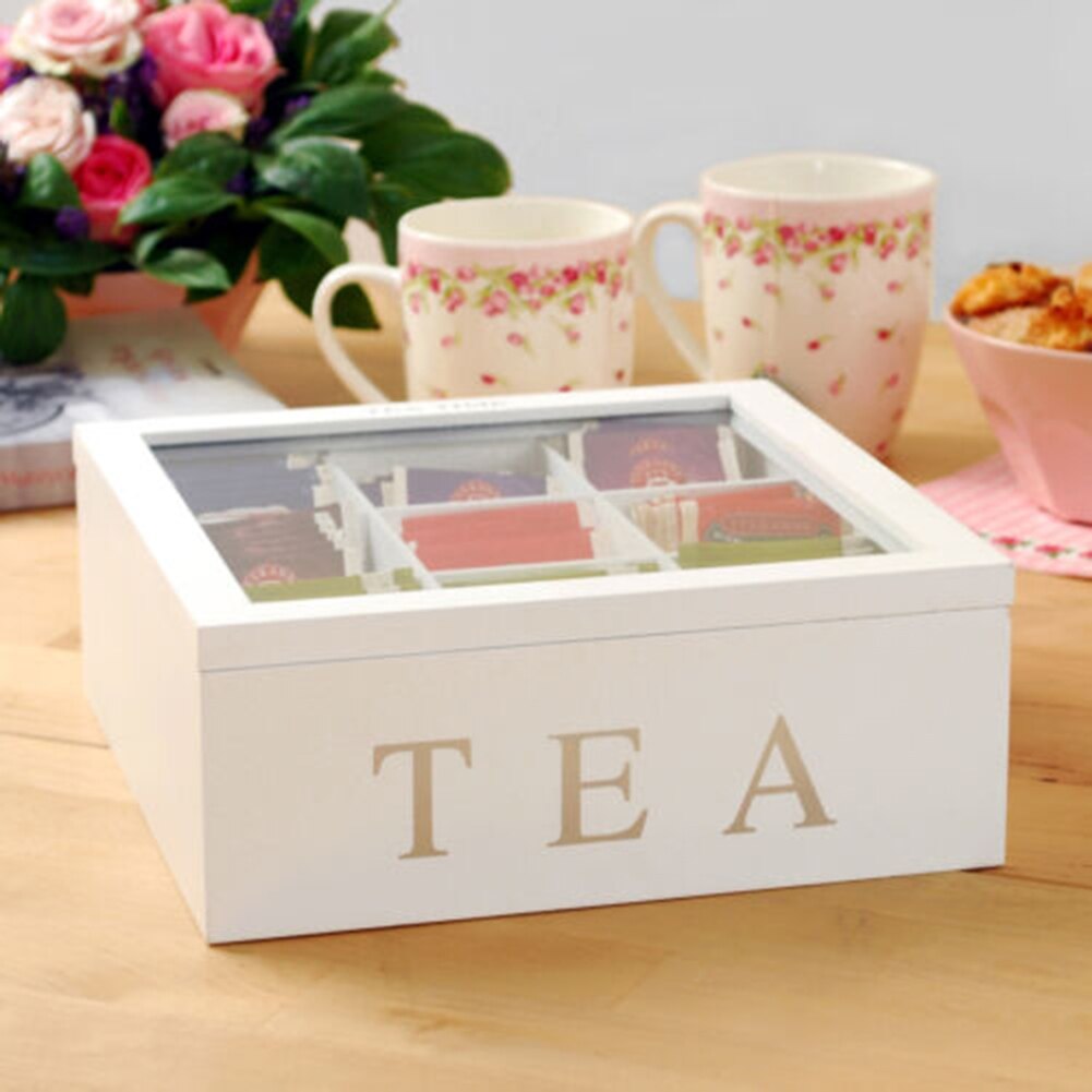Portable Bamboo Tea Box With Lid 9-Compartment Coffee Tea Bag Storage Holder For Kitchen Cabinets Organizer