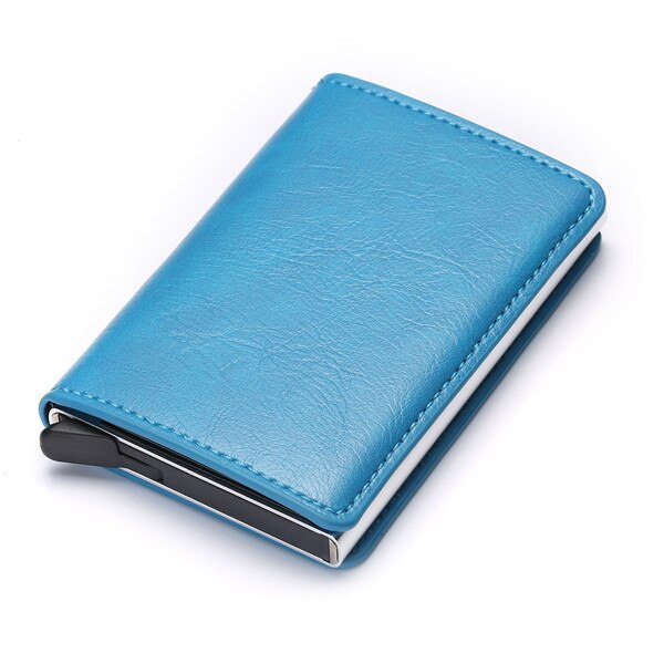 Bisi Goro Business Credit Card Holder Unisex Metal RFID Vintage Single Box Crazy Horse PU Leather Card Wallet: X-12B blue