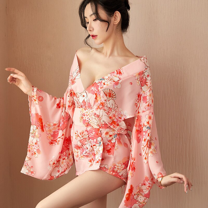 Japanese Kawaii Pink Kimono Sakura Print Short Belt with Bow Sexy Cosplay Women Raditional Style Robe Yukata Outfit Tradition