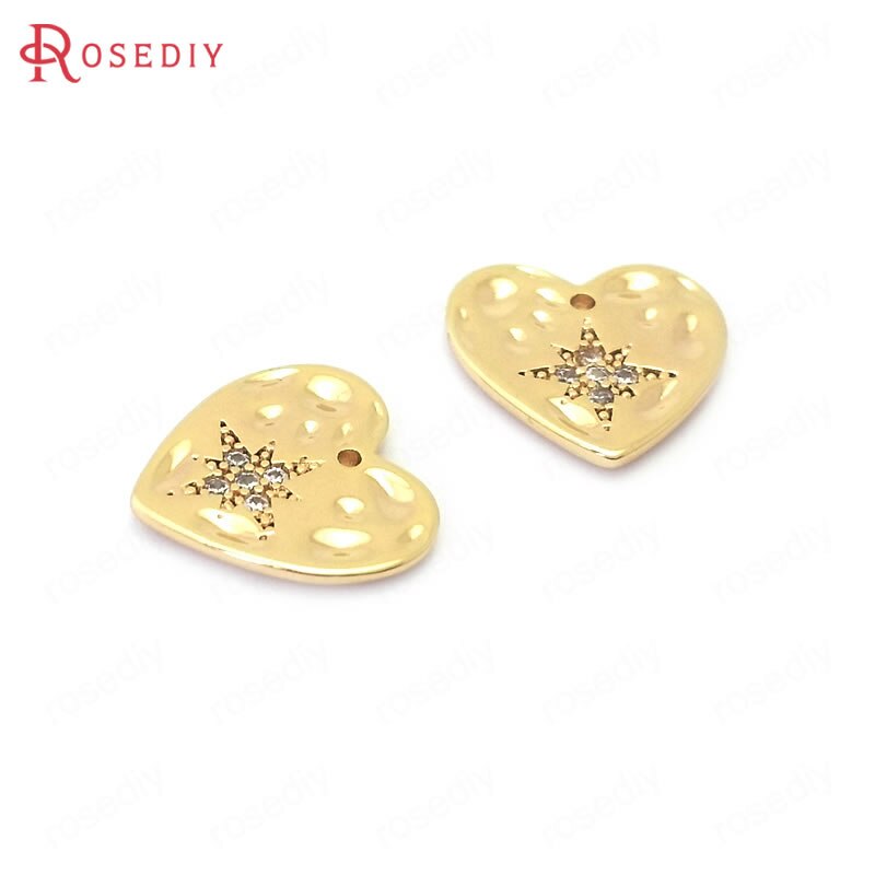 (38817)4 pçs 12x12mm 24 k ouro cor bronze e zircão com estrela coração encantos pingentes jóias que fazem suprimentos diy acessórios