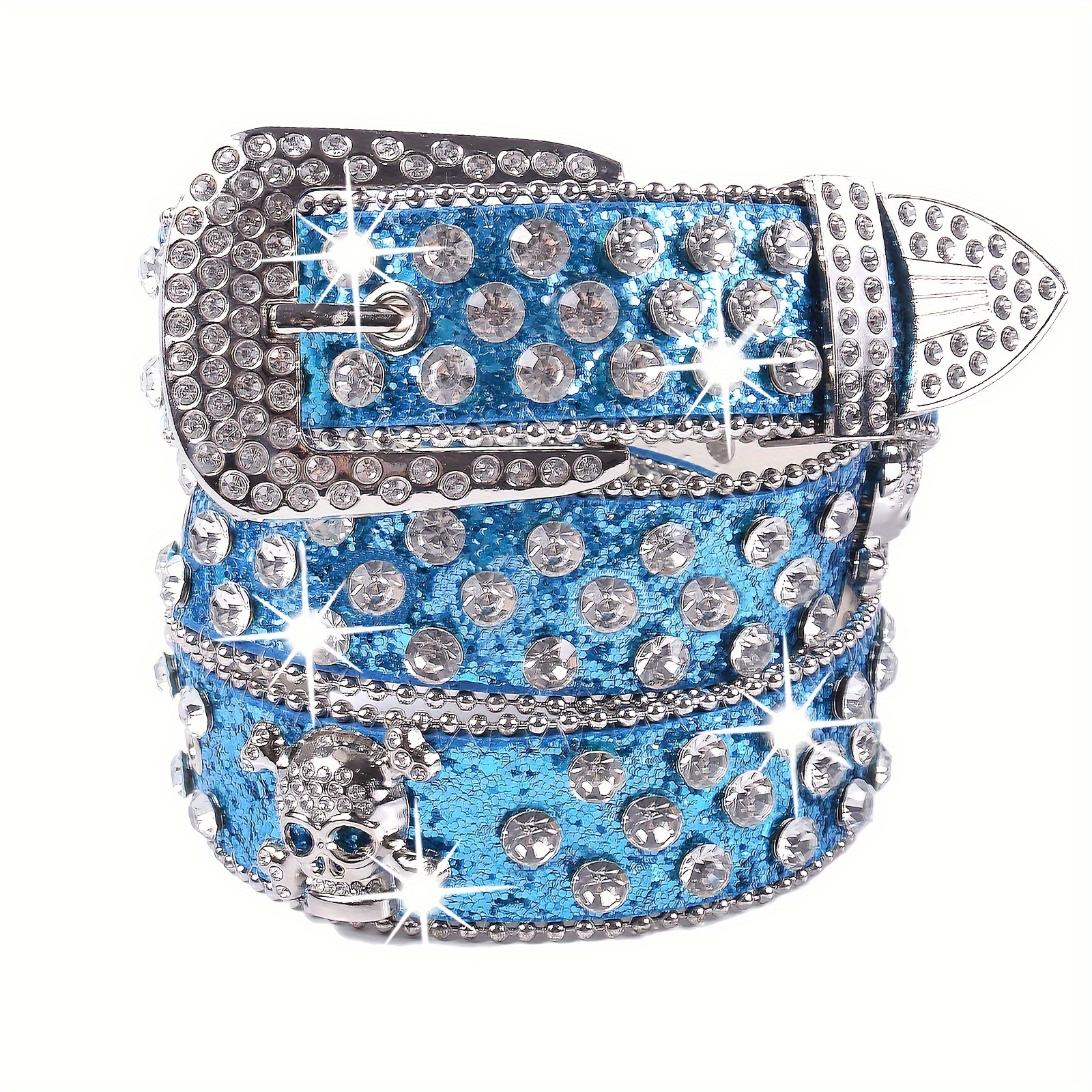 Skull Rivet Rhinestone Bb Belts Trendy Solid Color Sparkling PU Leather Belt Cowboy Cowgirl Jeans Pants Belt For Women Girls: Blue