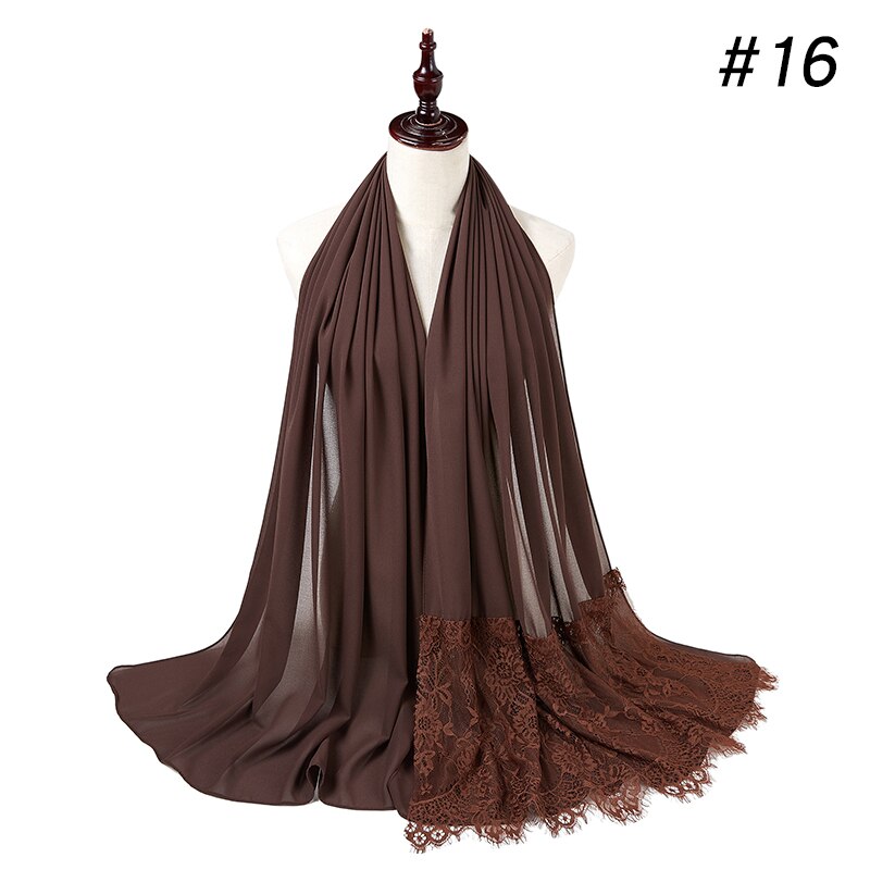 Vrouw Vlakte Kant Sjaal Buble Chiffon Moslim Sjaal Moslim Effen Kleur Lady Uitlaat Luxe Foulard Hijaabs: color 16