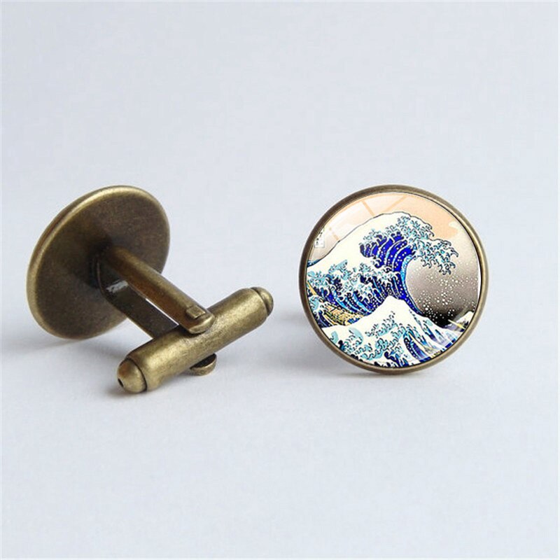 Grote Golf Van Kanagawa Manchetknopen Hokusai Japanse Golf Glas Dome Foto Shirt Manchetknopen Voor Heren Sieraden: Antique Bronze Plated