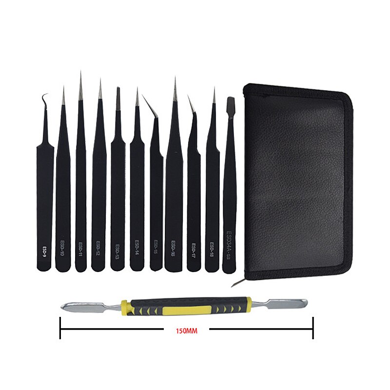 Tweezers 12 Pieces ESD Tweezers Tools Kit Anti-static Non-magnetic Stainless Steel Multi-standard with Storage Bag