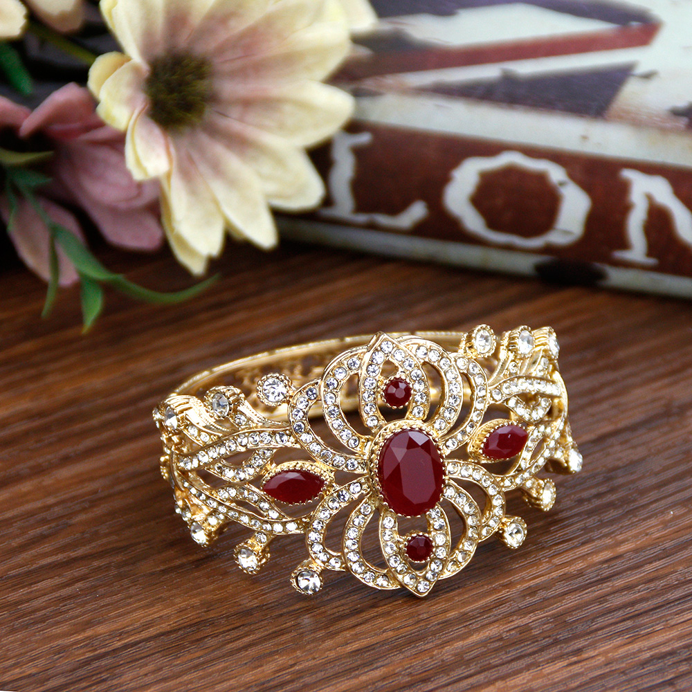 Sunspicems 18K Gold Farbe Kristall Marokko Manschette Armbinde Armreif Algerien Braut Hochzeit Schmuck Blume Türkei Arabisch Armreif: Antikes Gold überzogen