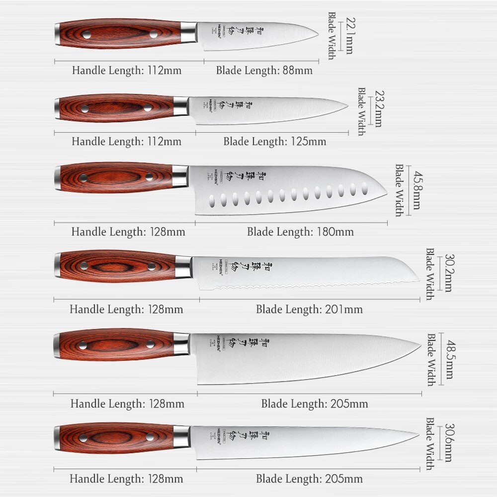 Hezhen 1-6pc knivset carving kock bröd santoku utility paring pakka trähandtag &amp; köksredskap med nit i rostfritt stål