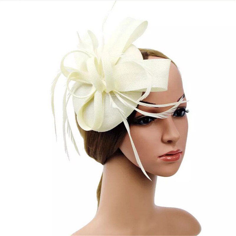 fascinante Clip de pelo diadema sombrero redondo velo de plumas boda Clip de pelo malla cóctel boda sombrero: Beige
