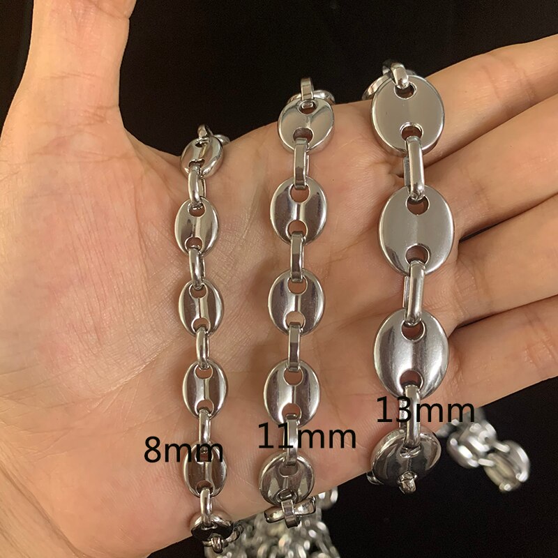 8mm 10mm 13mm koffieboon kettingen voor mannen vrouwen roestvrij staal varkensneus schakelkettingen armbanden choker set valentijnsdag