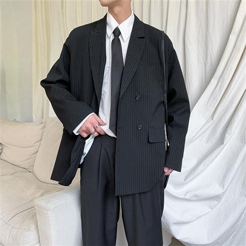 Autumn Vintage Stripe Casual Oversize Suit-tops for Male Loose Trend Handsome Blazers Men Business Simple All-match: H36-black / XXL