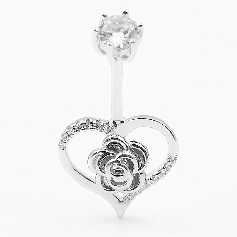 Heart Rose Navel Ring - 925 Sterling Silver - Body Jewelry - Pin Length 6/8/10mm